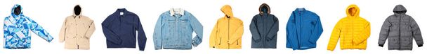 Collection of new male coats on white background - Foto, Bild