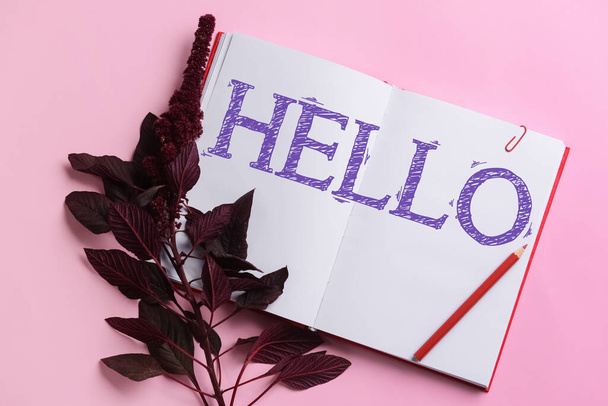 Зошит зі словом HELLO, гілка та олівець на рожевому фоні
 - Фото, зображення