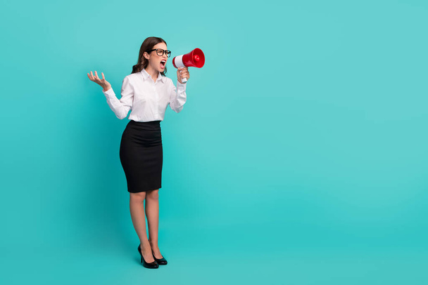 Full body photo of angry lady executive screaming loudspeaker firing workers isolated on cyan color background. - Fotoğraf, Görsel