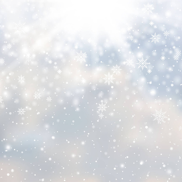 Winter snowfall and snowflakes on light blue background. Xmas and New Year background. Vector illustration - Vector, imagen