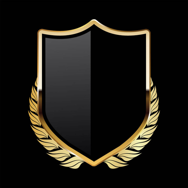 Black shield with golden laurel wreath on black background  - Διάνυσμα, εικόνα
