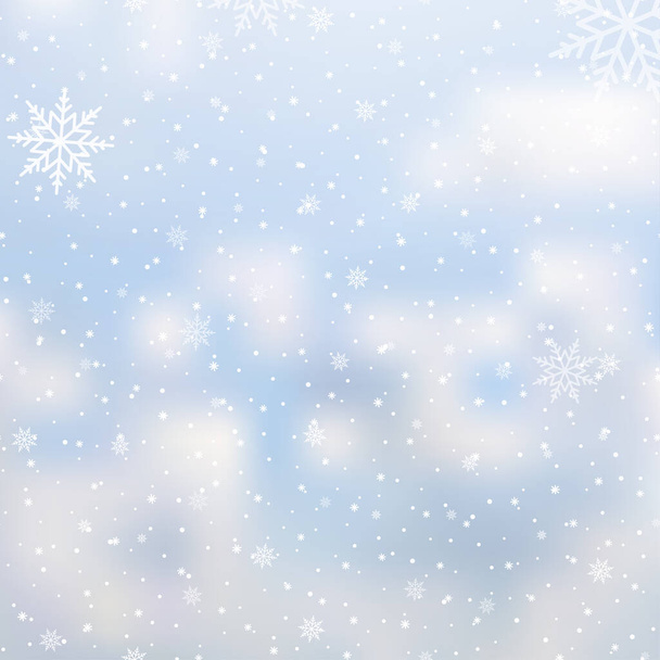 Winter snowfall and snowflakes on light blue background. Xmas and New Year background. Vector illustration - Vektör, Görsel