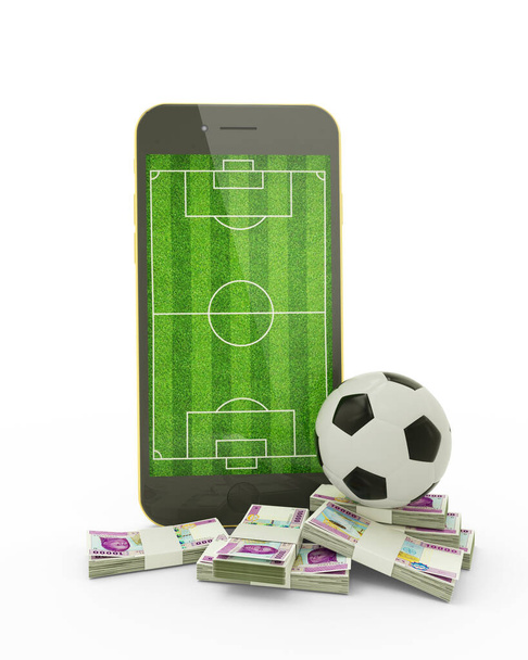 rendu 3D d'un téléphone portable avec terrain de football à l'écran, ballon de football et piles de billets en francs CFA (BCEAO) d'Afrique centrale isolés sur fond blanc. - Photo, image