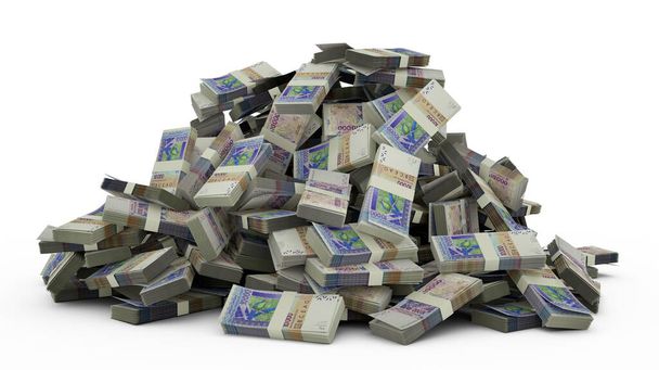 Big pile of West African CFA franc notes a lot of money over white background. 3d rendering of bundles of cash. Beninese, Burkinabe, Bissau-Guinean, Ivorian, Malian, Nigerien, Senegalese, Togolese - Foto, Imagem