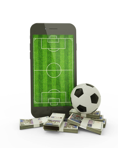 3D renderowania telefonu komórkowego z boiskiem do piłki nożnej na ekranie, piłka nożna i stosy chorwacki Kuna notatki izolowane na białym tle. - Zdjęcie, obraz