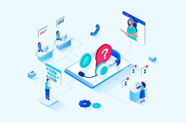 Customer support 3d isometric web design. People call technical support to get advice and resolve their issues, operators in headsets answer and advise, chatting clients. Web illustration - Photo, image