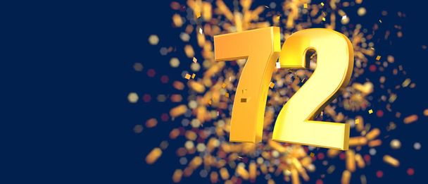 Gold number 72 in the foreground with gold confetti falling and fireworks behind out of focus against a dark blue background. 3D Illustration - Foto, Bild