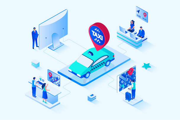 Taxi service 3d isometric web design. People calling taxi, booking car for moving around city or transfer, making route and tracking online location in mobile application. Web illustration - Foto, Bild