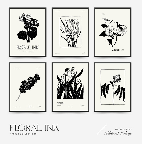 Abstract floral posters template collection. Modern Botanical trendy black style. Vintage flowers. Ink wall  art. - Вектор,изображение