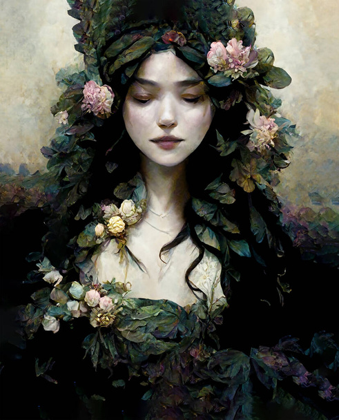 portrait fatasy de belle fille aux cheveux longs dans une couronne de fleurs - Photo, image