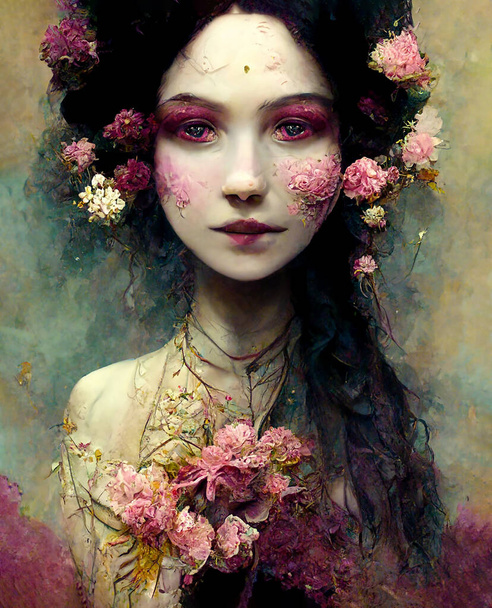 fatasy portrait of beautiful girl with long hair in a wreath of flowers - Foto, Bild