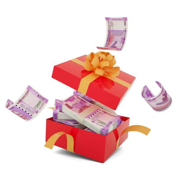 Indian rupee notes inside an open red gift box. 2000 Indian rupee inside and flying around a gift box. 3d rendering of money inside box isolated on white background - Zdjęcie, obraz