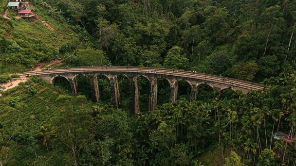 9 Arch Railway Bridge, Ella in Sri Lanka, a historic building set against a green tropical jungle background. - 写真・画像