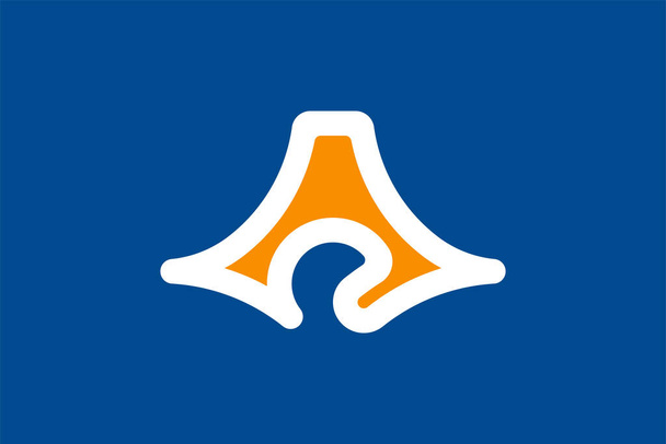 Flag of Shizuoka Prefecture (Japan) - vector, orange representation of Mount Fuji and a white-outlined outline map of the prefecture - Vettoriali, immagini