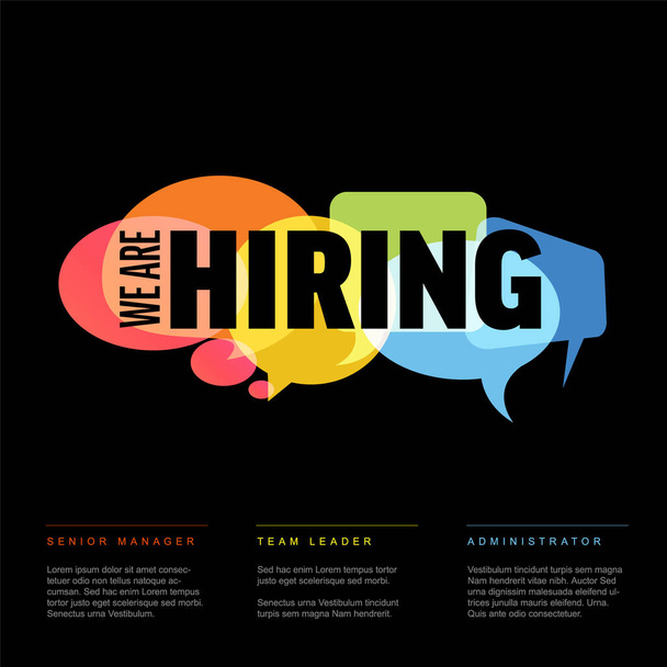 We are hiring minimalistic flyer template - looking for new members of our team hiring a new member colleages to our company organization team - simple motive with speech bubbles on black background - Vector, imagen