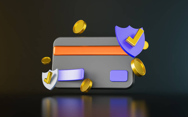 credit card with gold coin security shield check mark sign on dark background 3d render concept - Φωτογραφία, εικόνα