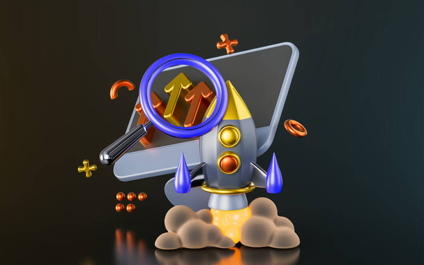 computer monitor with rocket magnify glass up arrow sign on dark background 3d render concept - Foto, imagen