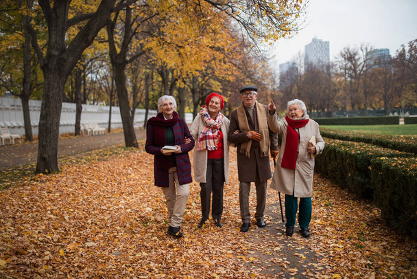 Egy csapat boldog idősebb barát könyvekkel, akik ősszel sétálnak a parkban, beszélgetnek és nevetnek. - Fotó, kép