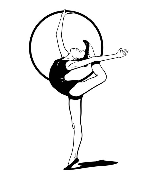 Rhythmic Gymnastics. Girl with hoop. Vector Ink Style Outline Drawing. Shadow and hoop are separate objects. - Vector, Imagen