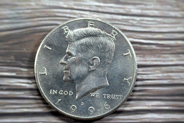 The Kennedy half dollar 50 cent coin issued by the United States Mint year 1996 as a memorial to the assassinated 35th president of the United States John F. Kennedy, selective focus of 1996 D 50C MS - Fotó, kép