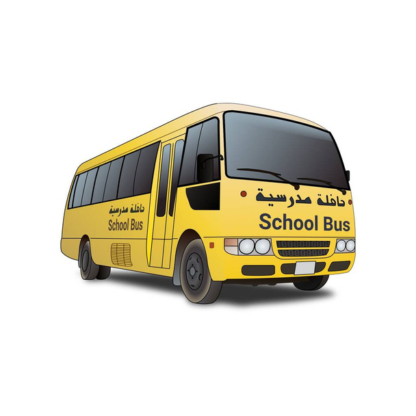Dubai, United arab emirates. yellow arabic school transport bus illustration for schoolchildren. text on bus means school bus - Vettoriali, immagini