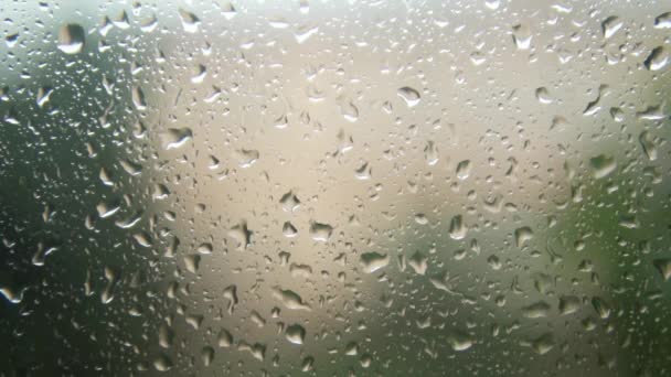 Falling raindrops on the foggy window close up. Rainy weather. Thunderstorm. - Materiał filmowy, wideo