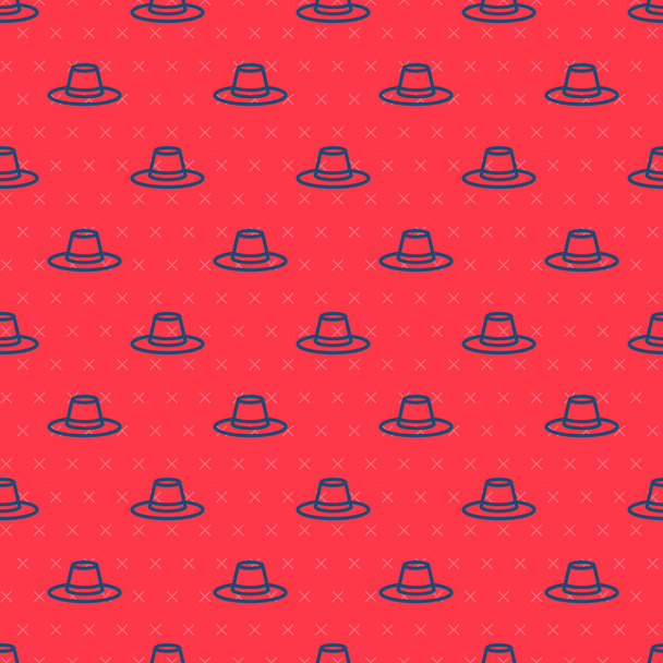 Blauwe lijn Man hoed met lint pictogram geïsoleerd naadloos patroon op rode achtergrond. Vector. - Vector, afbeelding