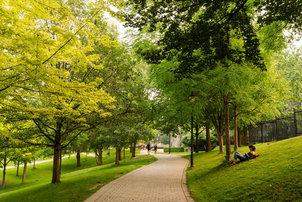 Toronto, Ontario, Canada - 19 juli 2021: Mensen rusten en wandelen op de Philosopher 's Walk, Universiteit van Toronto. Koninginnepark. - Foto, afbeelding