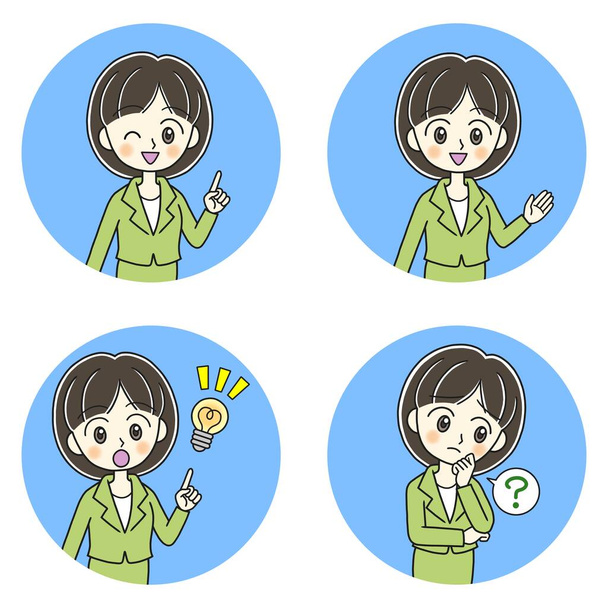 Four poses of a cute businesswoman in a green suit on light blue circles - Photo, Image