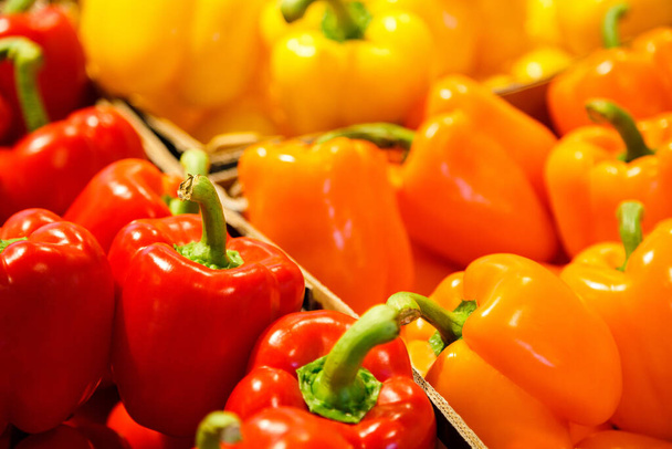 Colourful mix of different red, orange, yellow fresh bell pepper at market. - Foto, immagini