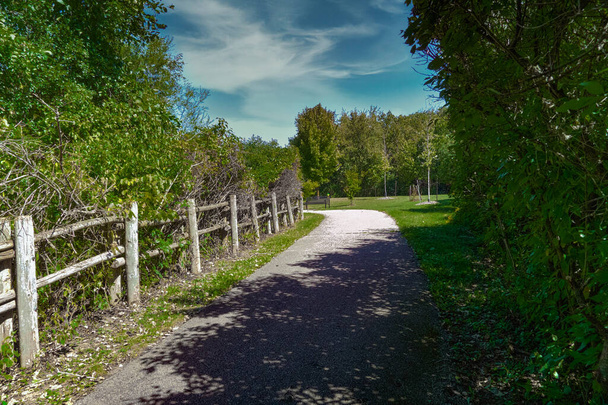 Wooden fence made of round wooden poles along the turn of the road in the park - Fotó, kép