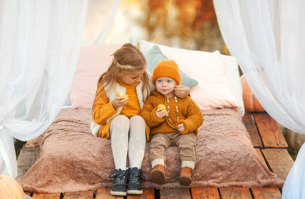Słodki mały chłopiec i jego siostra jedząc gruszkę w imbirowe swetry i dzianiny kapelusze na słoneczny jesienny dzień. Rodzinny czas w Święto Dziękczynienia. Pora świąteczna zbiorów.  - Zdjęcie, obraz
