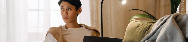 Asian boy working with laptop while resting on sofa at home - Foto, Bild