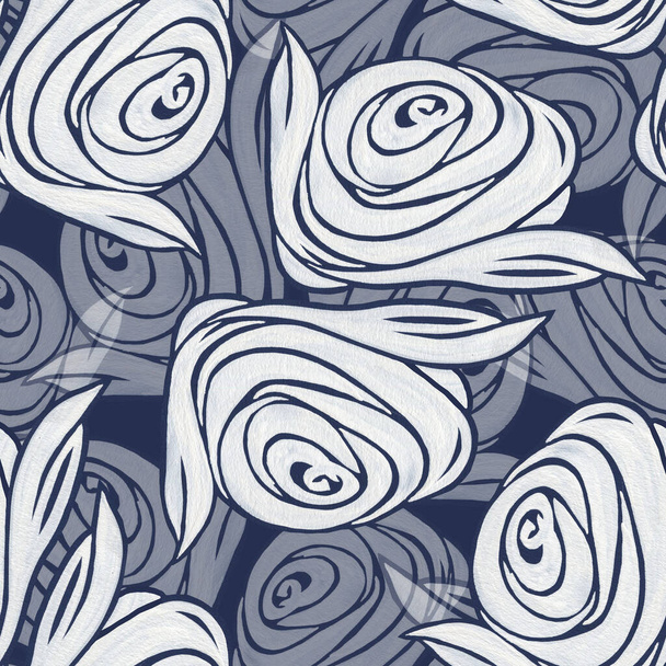 Decorative flowers rose for printed and design. Monochrome ornament. Seamless pattern on blue background. - Foto, Imagem