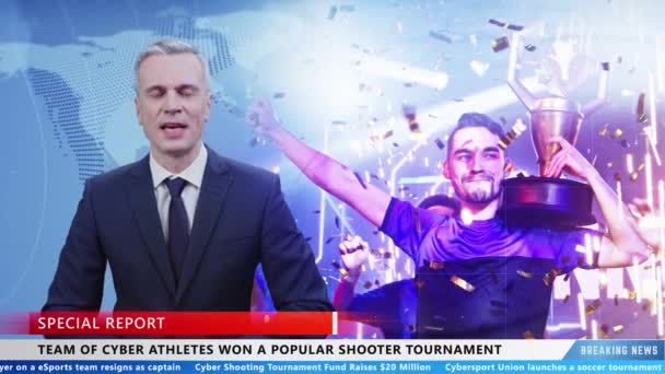 Male newscaster in TV studio commenting on winning team of cyber athletes and final of popular gaming tournament in breaking news live program - Filmmaterial, Video
