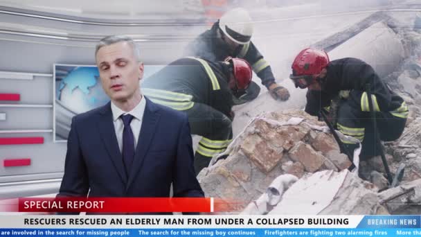 Male anchor reporting information on TV live news channel about rescuing elderly man from under the rubble of collapsed building - Filmmaterial, Video