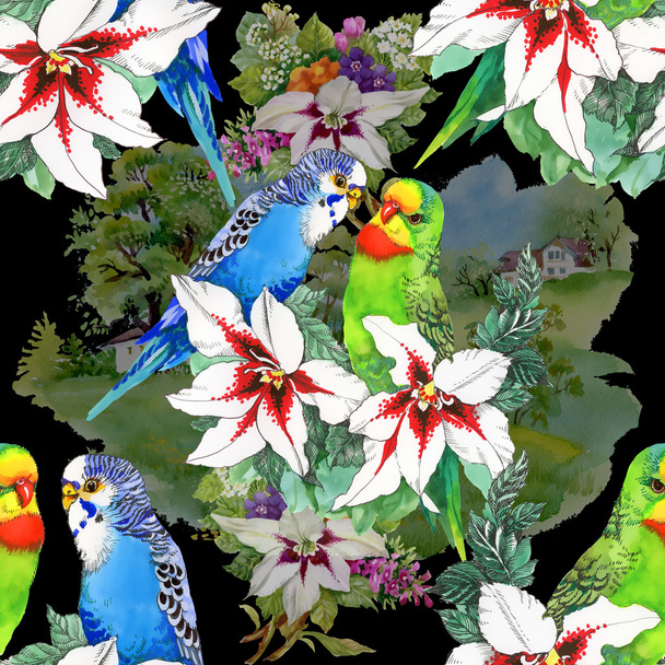Parrots and beautiful flowers - Foto, afbeelding