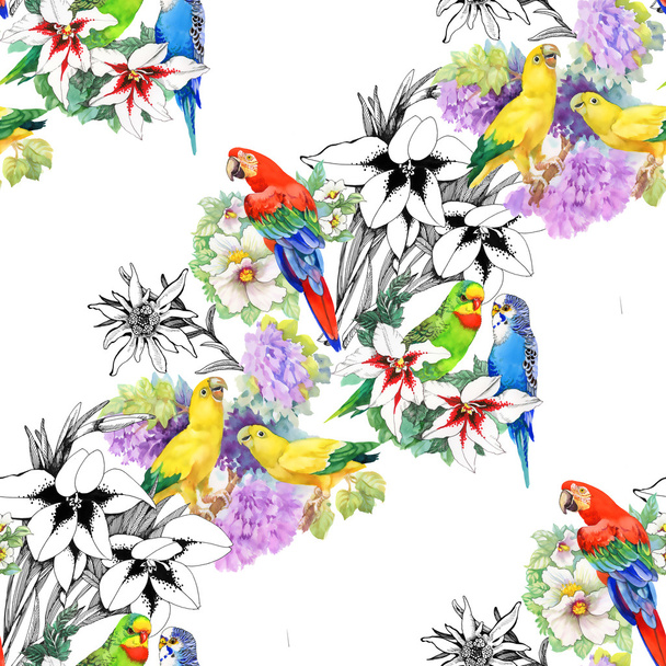 Parrots and beautiful flowers - Фото, изображение