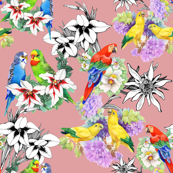 Parrots and beautiful flowers - Foto, imagen