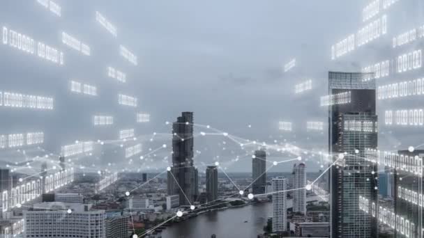 Geschäftsdaten analytische Schnittstelle fliegen über Smart City zeigt Veränderung Zukunft der Business Intelligence. Computersoftware und künstliche Intelligenz werden verwendet, um Big Data für strategische Pläne zu analysieren . - Filmmaterial, Video