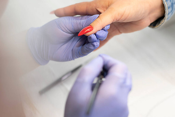A manicurist in latex lilac gloves varnishes with a brush long and beautiful nails of a client in a beauty salon. Hardware manicure. Concept. Close-up. Soft focus. - Foto, afbeelding