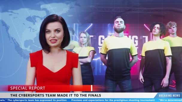 Female TV presenter commenting cybersport latest news about cyber team and future finale of gaming competition in live news television program - Filmmaterial, Video