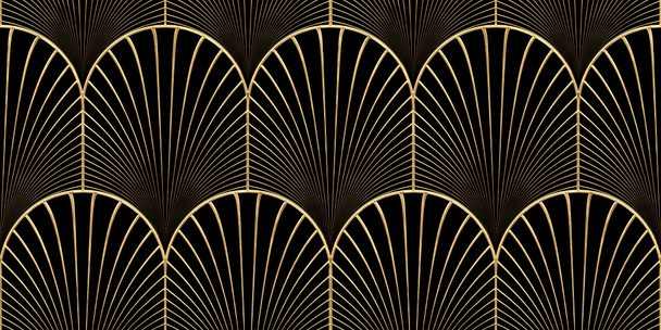 Seamless golden Art Deco scallop palm fan line pattern. Vintage abstract geometric gold plated high relief sculpture on dark black background. Modern elegant metallic luxury backdrop. 3D rendering - Photo, Image