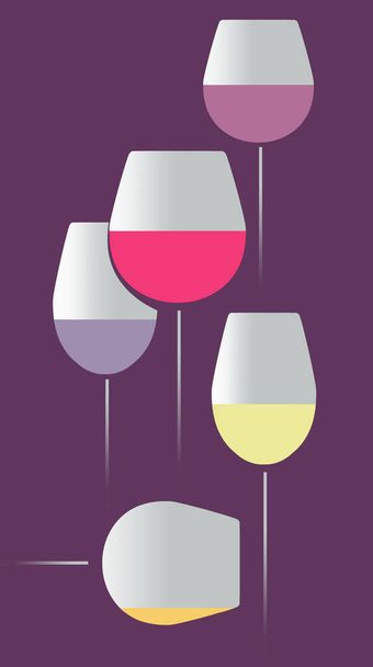 This is an illustration showing stemware, very tall wine glasses in an elegant composition with various colors of wine in the glasses. This is a 3-d illustratio - Foto, Imagem