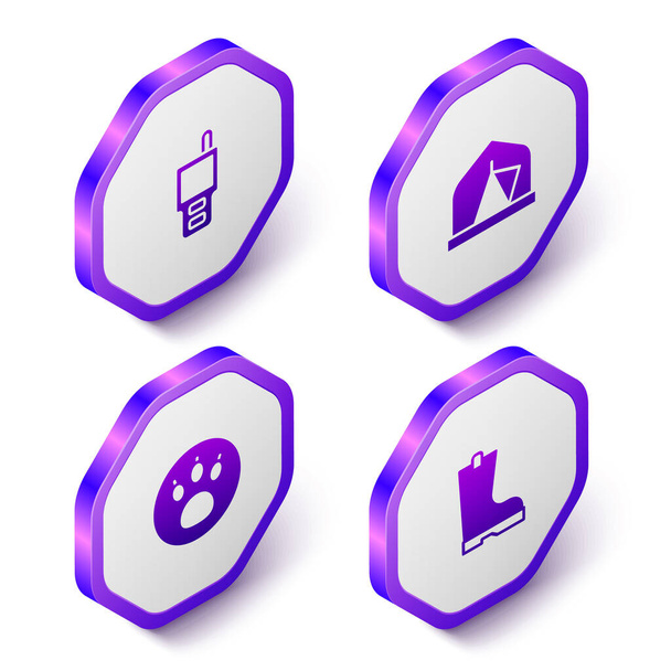 Set Isometric Walkie talkie Tourist tent Paw search and Waterproof rubber boot icon. Purple hexagon button. Vector. - Vector, imagen