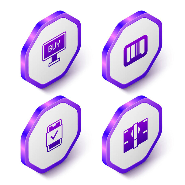 Set Isometric Buy button Barcode Mobile shopping and Stacks paper money cash icon. Purple hexagon button. Vector. - Vektör, Görsel