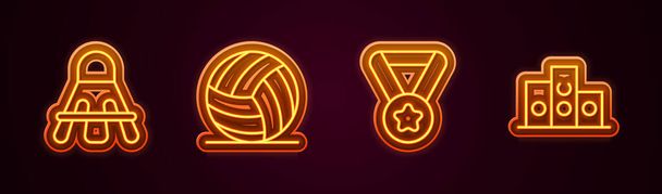 Set line Badminton shuttlecock Volleyball ball Medal and Award over sports winner podium. Glowing neon icon. Vector. - Vettoriali, immagini