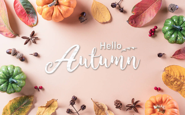 Autumn background decor from dry leaves and pumpkin on pastel paper background. Flat lay, top view with copy space for Autumn, fall, Thanksgiving concept. - Photo, image