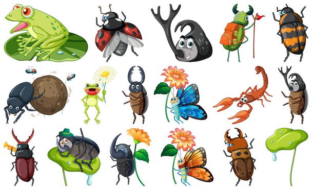 Set of various insects and amphibians cartoon illustration - Vetor, Imagem