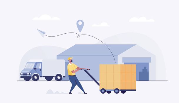 Delivery man, box, cargo trolley pushcart courier carrying parcels on the truck. vector illustration - Fotoğraf, Görsel